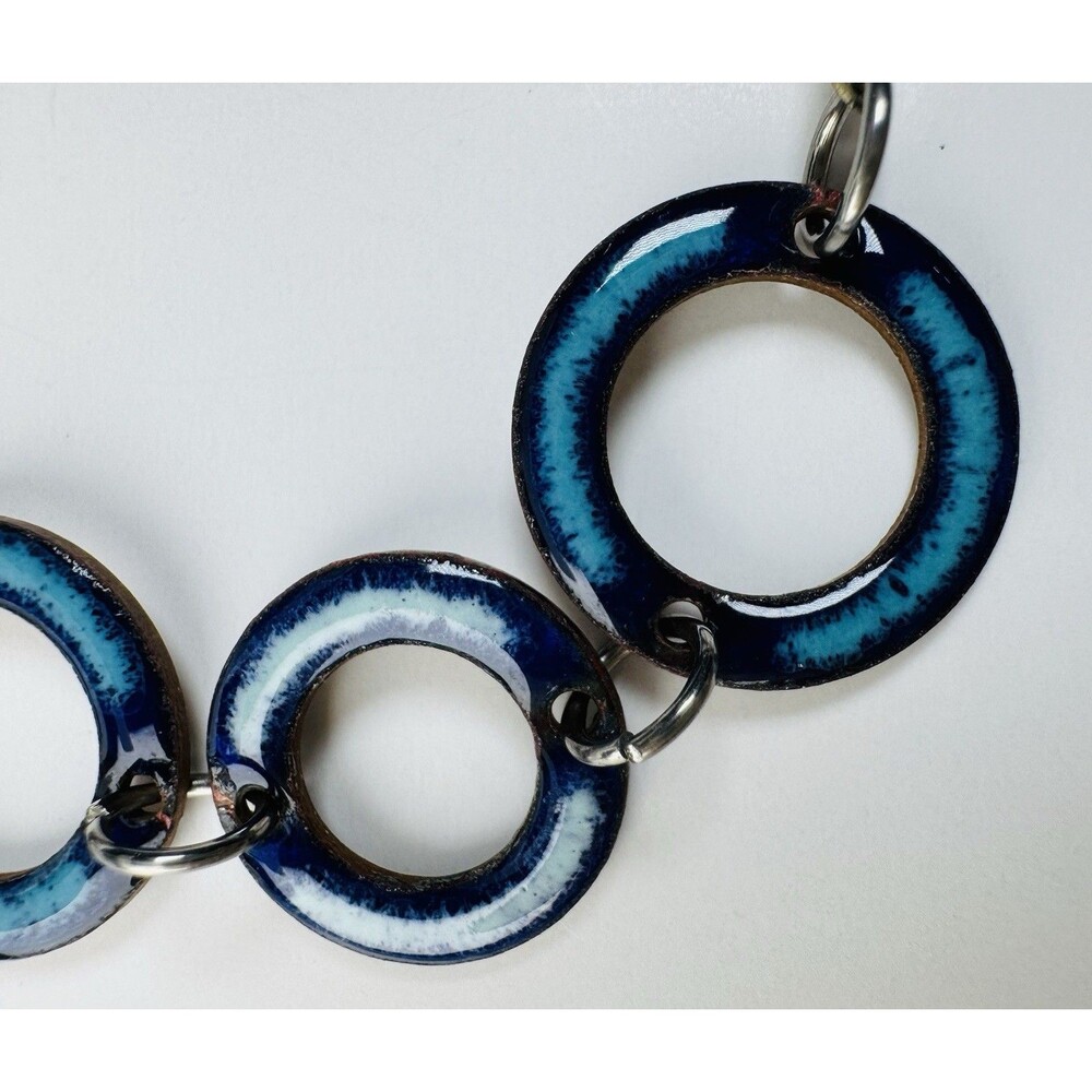 Vintage Blue Enamel on Metal Link Bracelet 7” Retro Mod Style - Picture 2 of 5